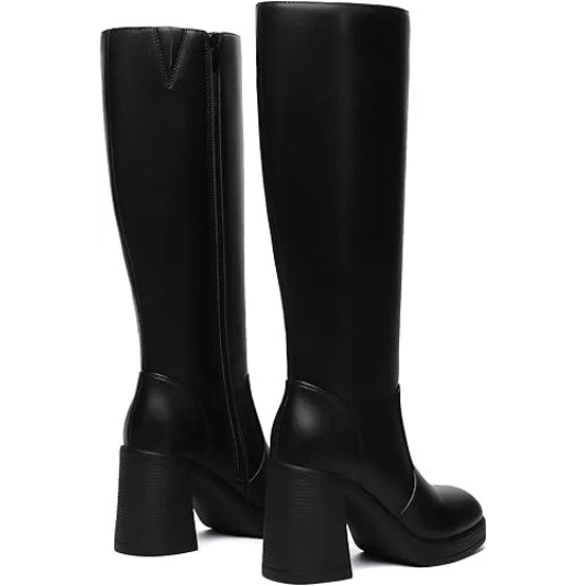 Black Knee High Boots for Women Platform Tall Boots Fashion Square Toe Chunky Heeled Booties