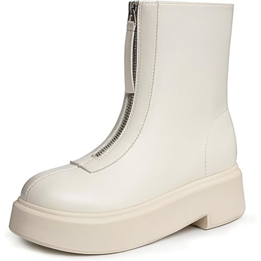 Women's Platform Ankle Boots Short Comfortable Round Toe Chunky Low Heel Boots with Front Zipper