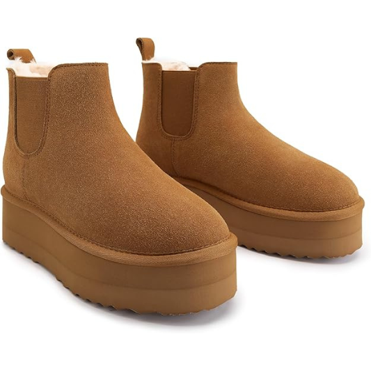 Suede Platform Snow Boots for Women - Slip On Faux Fur Winter Warm Ankle Short Boots