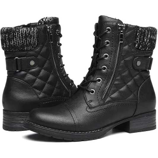 Women's Fashion Black Ankle Boots Combat Motorcycle Lace Up Booties