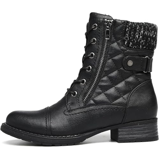 Women's Fashion Black Ankle Boots Combat Motorcycle Lace Up Booties