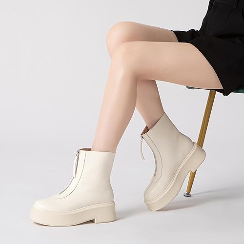 Women's Platform Ankle Boots Short Comfortable Round Toe Chunky Low Heel Boots with Front Zipper