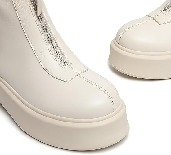 Women's Platform Ankle Boots Short Comfortable Round Toe Chunky Low Heel Boots with Front Zipper