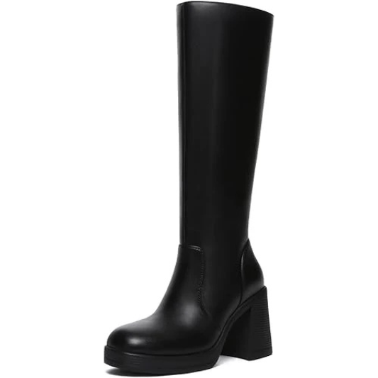 Black Knee High Boots for Women Platform Tall Boots Fashion Square Toe Chunky Heeled Booties