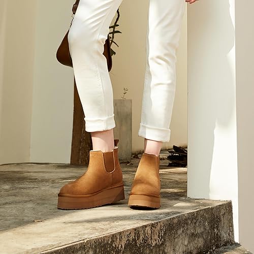 Suede Platform Snow Boots for Women - Slip On Faux Fur Winter Warm Ankle Short Boots