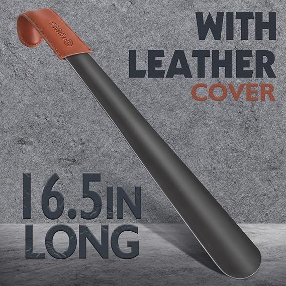 Shoe Horn Long Handle for Seniors Men Women,Metal Long Shoehorn for Boots,16.5" Shoe Spoon Helper(Brown Handle)