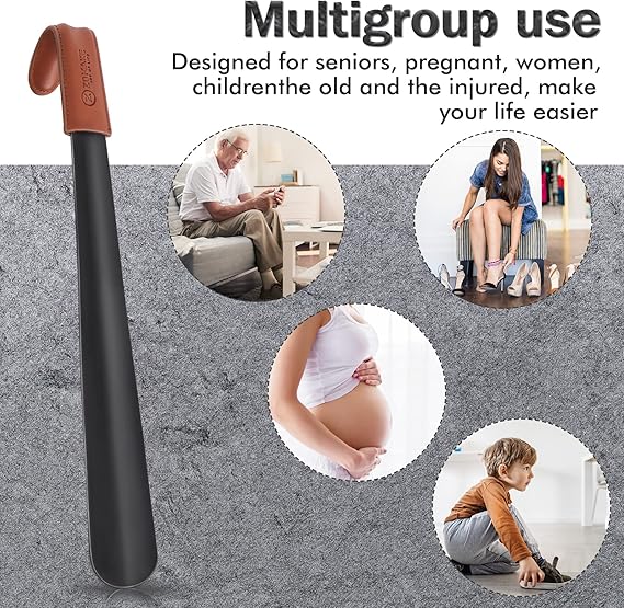 Shoe Horn Long Handle for Seniors Men Women,Metal Long Shoehorn for Boots,16.5" Shoe Spoon Helper(Brown Handle)