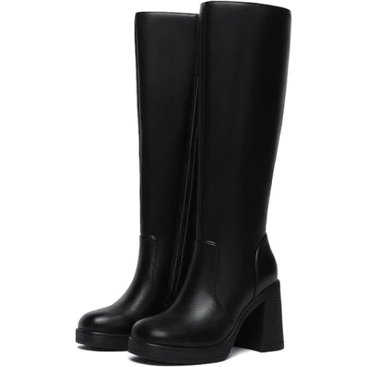 Black Knee High Boots for Women Platform Tall Boots Fashion Square Toe Chunky Heeled Booties